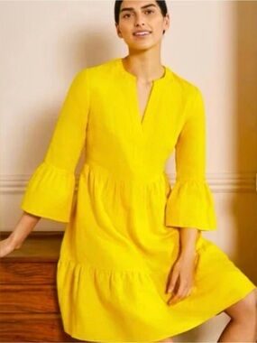 Boden Relaxed Linen Tiered Dress Lemon Fizz Midi Shift Dress 8P Yellow Boho